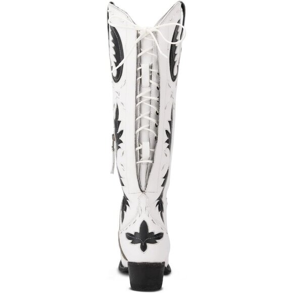 Women's Back Lace Chunky Heel Western Side Zipper Embroidered Black White Boots - Picture 7 of 7